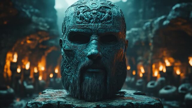 Stone visage with intricate carvings, a long beard, and blank eyes