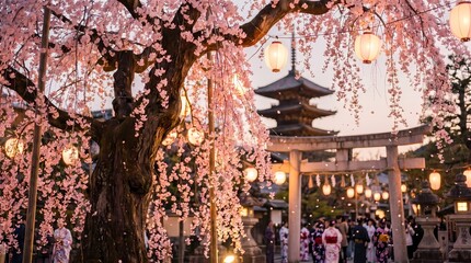 Fototapeta premium Beautiful Japanese Sakura Blossom Festival with Traditional Lanterns and Pagoda Temple Illustration, Vector Art, Digital Background