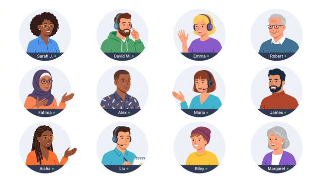 Diverse group of people in profile pictures with headsets and badges.