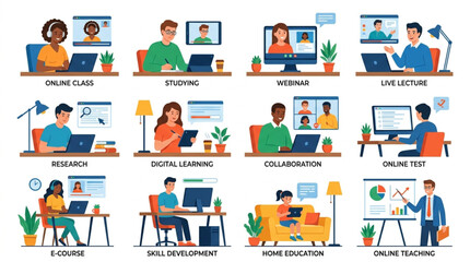Fototapeta premium Diverse people working remotely and learning online using laptops and computers.