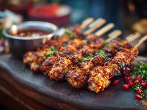 Platter of grilled chicken skewers with dipping sauce, pomegranate seeds and fresh herbs on a wooden board Keywords: grilled chicken skewers, chicken kebabs, barbecue, grilled