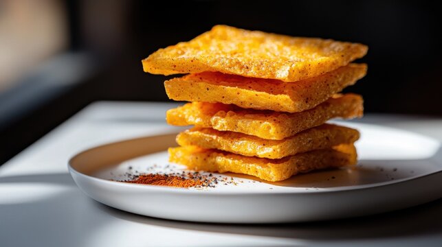 Chicharron crunchy golden stacked pieces on white ceramic plate with spice seasoning, premium Mexican restaurant presentation, natural lighting