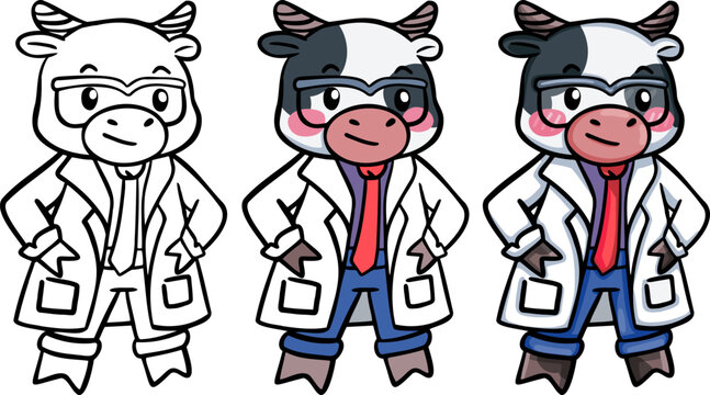 Cow cartoon character wearing lab coat. Cute animal in doctor costume.