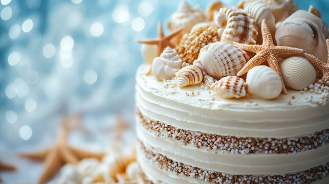 A cake decorating idea with a beach theme using seashells made from white chocolate.