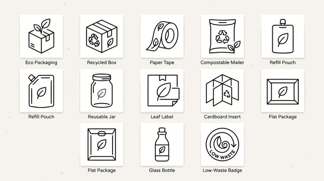 Sustainable packaging icon set with eco friendly labels for cardboard box paper tape compostable mailer refill pouch reusable jar leaf label cardboard insert flat package and low waste badge vector.
