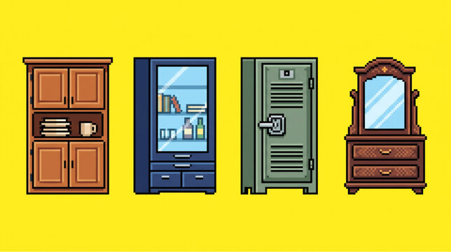 Wooden Cabinet Wardrobe and Vanity Mirror Pixel Art for Room Interior