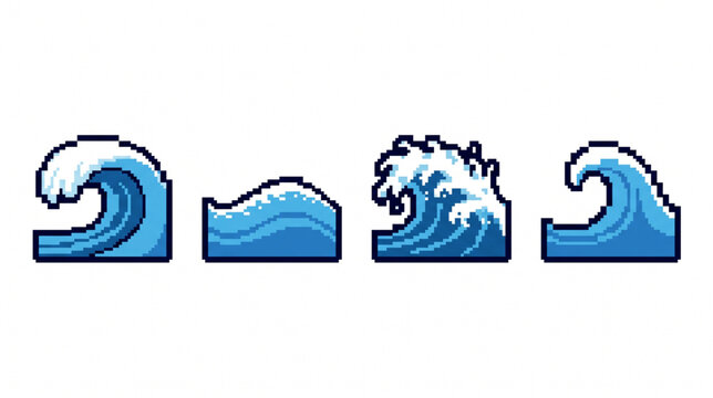 Blue Ocean Waves Pixel Art Set for Game Environment and Nature Design