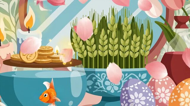 Traditional Nowruz Haft Seen Table Setting with Goldfish and Wheat Sprouts.