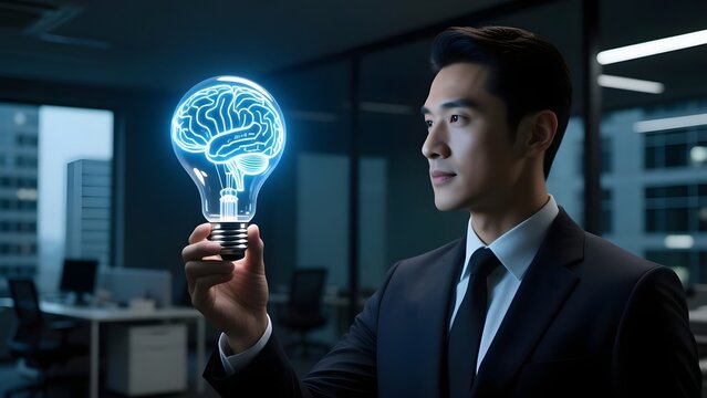 Futuristic artificial intelligence concept, businessman holding glowing light bulb with digital brain, creative innovation and smart technology in office