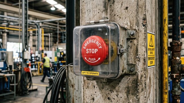 Red emergency stop button in a manufacturing factory