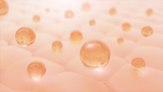 Gold serum vitamin bubble drop on skin sell, Skin care cosmetic concept, 3D rendering