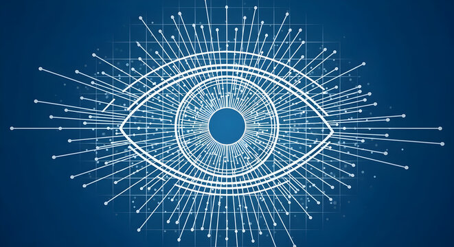 A futuristic eye illustration with lines and dots on blue background