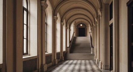 Fototapeta premium Long corridor with arched windows, leading to a dark doorway and stairs