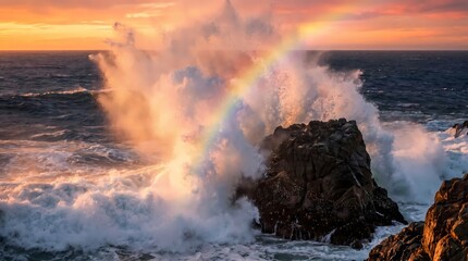 Obraz premium Abstract, colorful, modern digital art vector illustration of a stormy ocean wave with a rainbow, perfect for a vibrant background