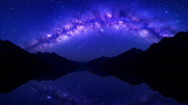 Milky Way galaxy arch reflected in mountain lake