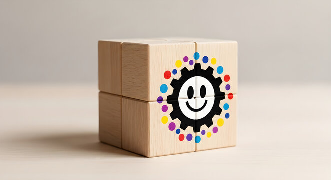 A wooden cube with a smiley face and colorful dots on a plain surface indoors