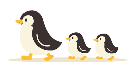 Fototapeta premium A cartoon penguin family with parent and two baby penguins on transparent background. Cute black and white flightless birds with yellow feet in a charming wildlife family scene.