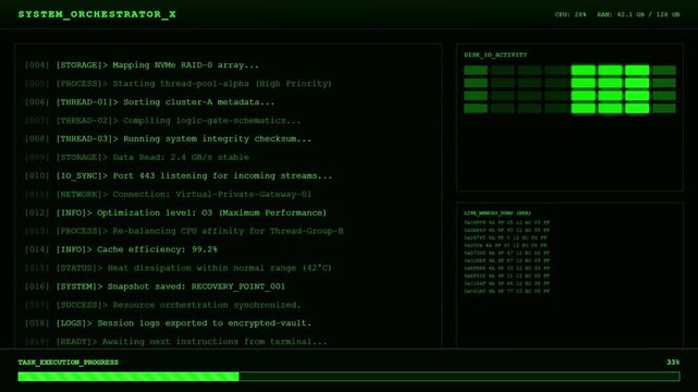 Futuristic System Orchestrator HUD with Green Digital Command Line Interface and Disk IO Activity Live Memory Dump Monitoring Analytics Screen.