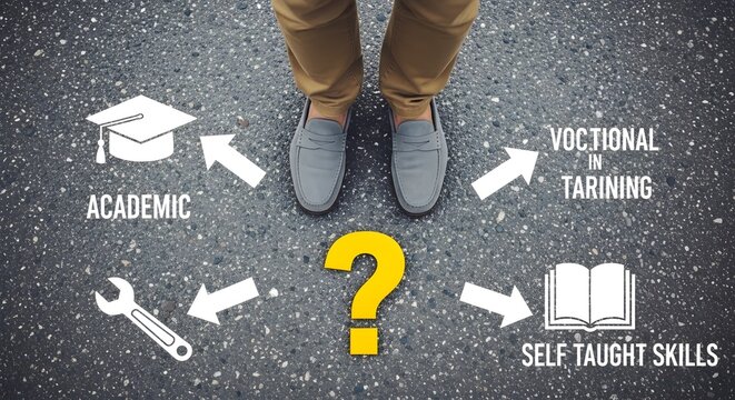 Individual looking at a yellow question mark contemplating educational paths symbolizing academic vocational and self taught choices