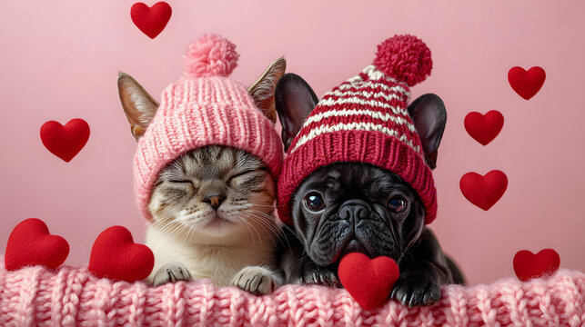 Adorable kittens wearing festive red Christmas hats sitting among holiday decorations for winter celebration and joy.
