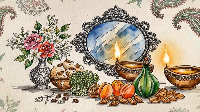 Vibrant Watercolor Illustration of Haft-Seen Table for Persian New Year Celebration.