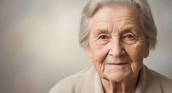 Portrait of happy elderly woman with grey hair. Close-up of senior female face with wrinkles smiling at camera. Aging, longevity and wisdom concept with copy space