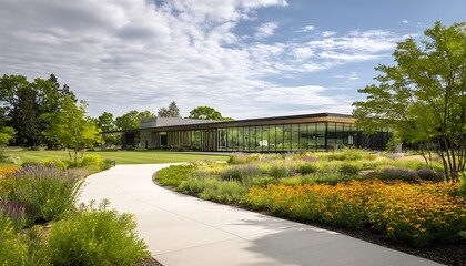 Fototapeta premium A modern building with extensive glass windows is surrounded by a vibrant, landscaped garden featuring a winding pathway and blooming flowers under a partly cloudy sky