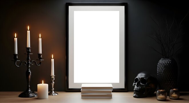 Halloween still life with empty picture frame, candles, skull, and books on a wooden table