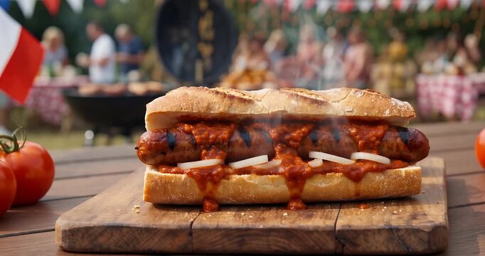 A close-up shot of a grilled sausage in a bun topped with red sauce and white onions, served on a wooden board at an outdoor backyard barbecue party with people and a grill in the blurry background.