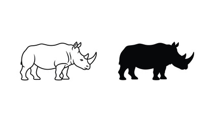 Fototapeta premium Rhinoceros wild animal silhouette and line art vector graphic design