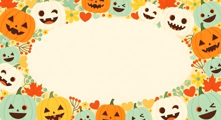 Fototapeta premium Cute halloween frame with cartoon pumpkins and autumn leaves