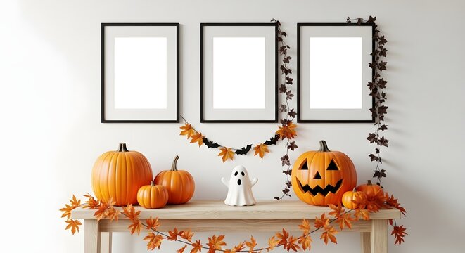 Halloween home interior decor with three empty picture frames, pumpkins, and ghost figurine