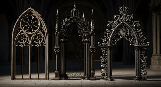 Three ornate gothic architectural arches and windows in a dark stone cathedral setting