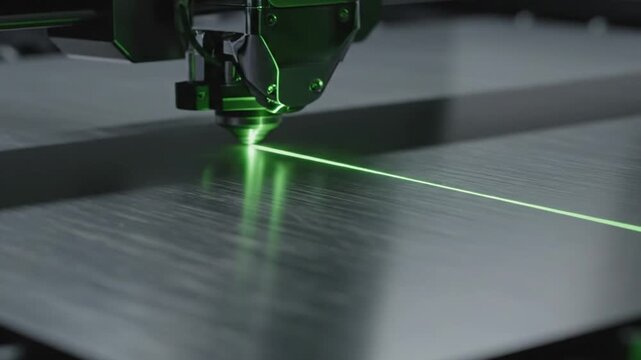 Industrial laser cutting machine processing metal with green beam
