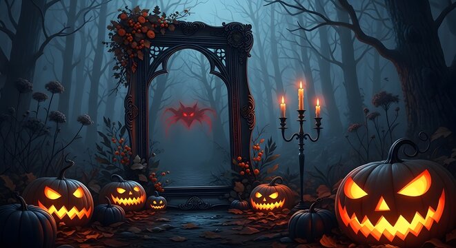 Spooky halloween mirror in dark forest with glowing pumpkins and candles