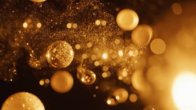 Abstract golden spheres and particles float in dark space