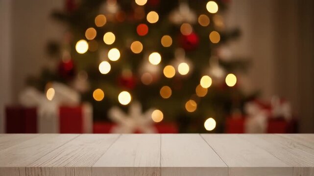 Empty Wooden Table Foreground with Blurry Festive Christmas Tree and Warm Bokeh Lights Background, Full HD Seamless Loop Motion Graphic for Holiday Product Display.