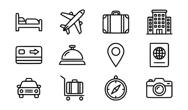 Hotel and Travel Outline Icon Set with Bed, Airplane, Suitcase, Building, Credit Card, Bell, Location, Passport, Taxi, Trolley, Compass, and Camera Symbols