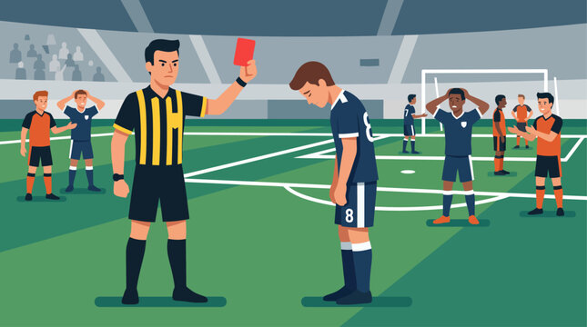 This flat design illustration captures a decisive moment as a soccer referee displays a red card to a dejected player, with other players reacting in the background. 