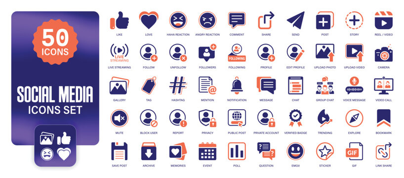 50 Social Media Icons Set. Modern Social Networking, Like, Share, Chat UI, Messaging, Reels, Community, Stories, Followers, Reactions, Content Sharing, Communication Vector Pack