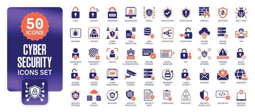 Cyber Security Icons Pack. Modern Data Protection, Network, Firewall, Encryption, Digital Protection, Privacy, Antivirus, VPN, Secure Network icons Pack.