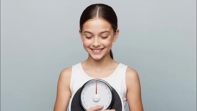Smiling young girl holding weight scale. Happy child looking at bathroom scale in studio. Healthy lifestyle and fitness concept