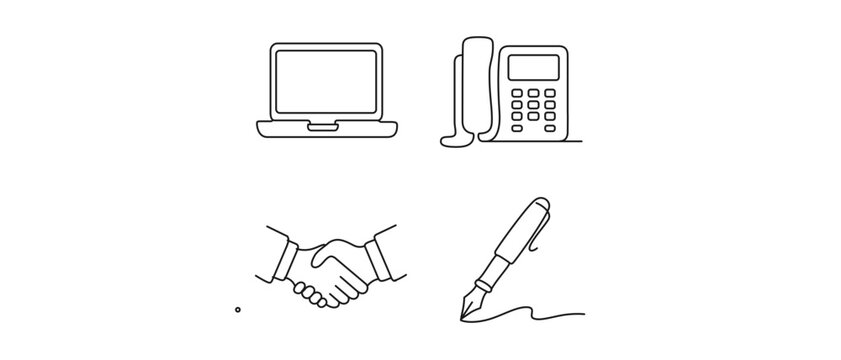 Premium vector icon set for enterprise sales featuring a collection of 4 icons with editable stroke including a laptop CRM screen, desk phone, business handshake and a classic fountain pen tool.