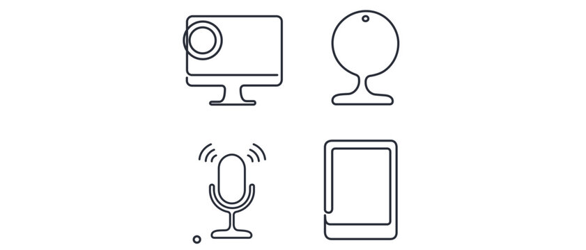 Software as a service demo setup vector icon set with monitor screen, webcam, wireless microphone, and tablet icons featuring editable stroke lines for technology marketing and digital sales.