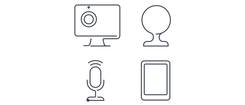 Digital saas presentation vector icon set including monitor screen, webcam, wireless microphone, and tablet graphics with adjustable stroke weight for tech sales and software marketing designs.