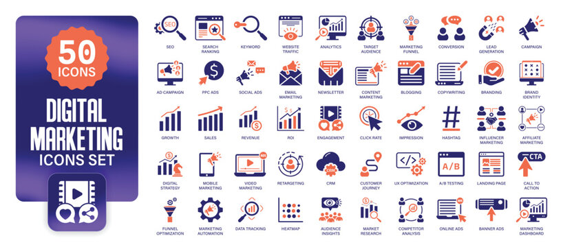 Digital Marketing Icons Collection. SEO, Analytics, Social Media, PPC, Branding, Advertising, Campaign, Growth, Content, Vector Pack