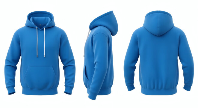 Realistic three view mockup showcasing a vibrant blue pullover hooded sweatshirt design template with drawstring details&nbsp;