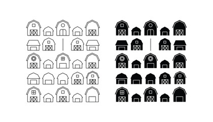 Farm barn building icon collection featuring various architectural styles in simple outline and solid black silhouette © Lumina