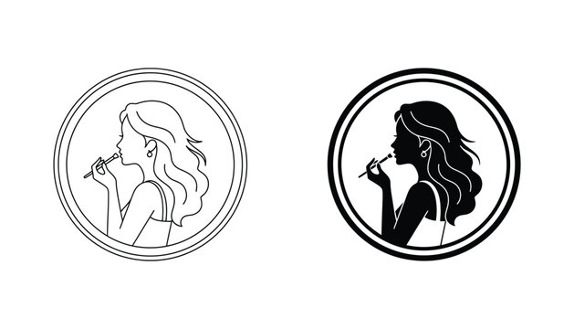 Woman applying makeup with brush icon set inside circular frame in outline and solid black style for beauty and cosmetic industry graphics isolated on white background