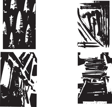 Vintage linocut arrowheads and primitive tools vector set, black and white tribal weapon illustrations, rustic hand-drawn flint spearhead graphics